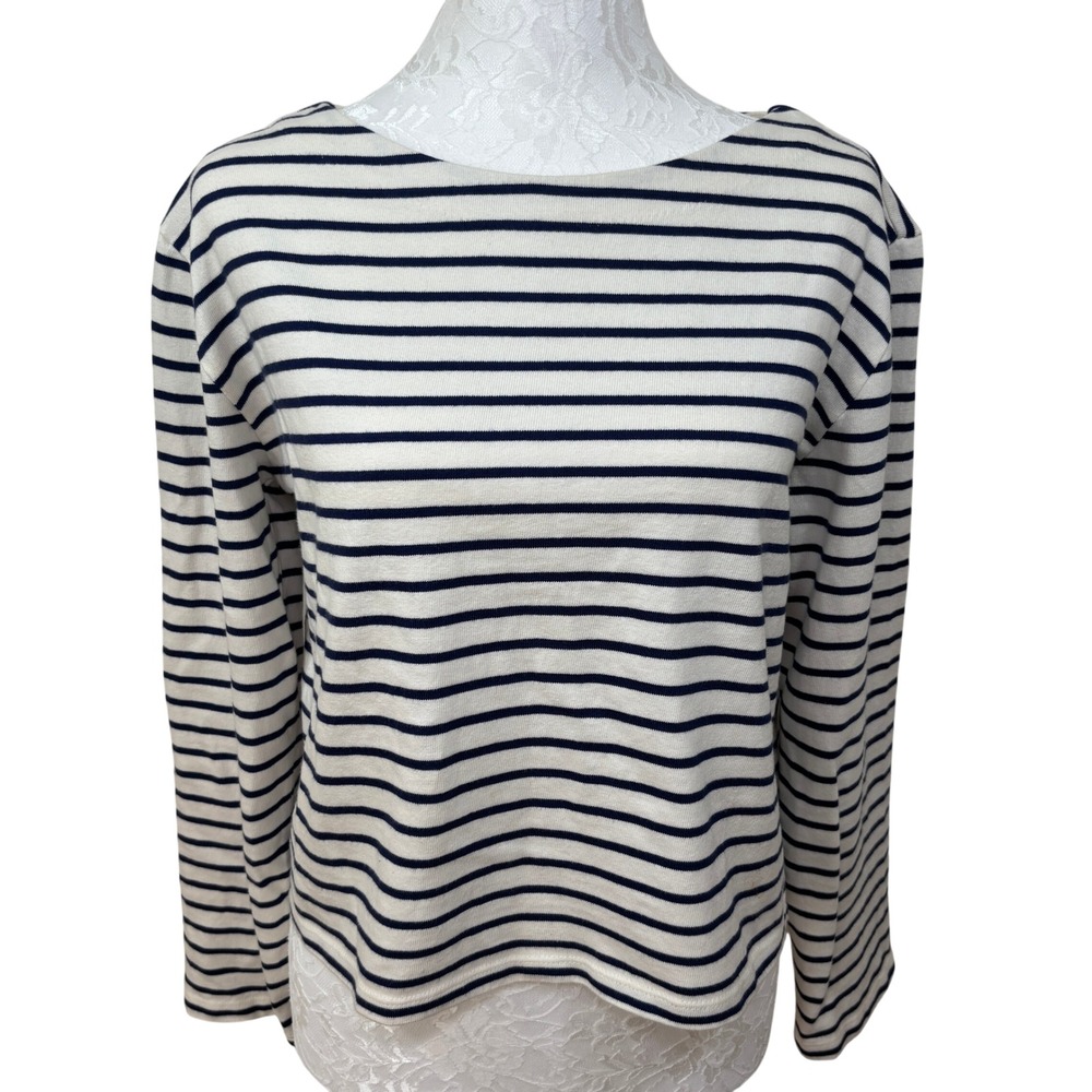 J Crew Navy Cream Striped Boat Neck Long Sleeve Rib Knit Top Shirt Womens XS